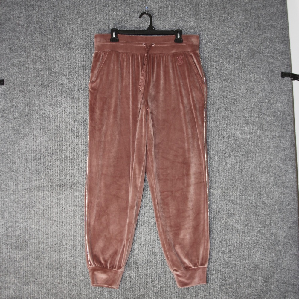 Victoria's Secret Velour Joggers Womens L Pink Rhinestone Trim Loungewear